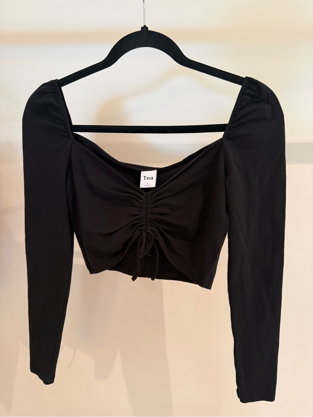 Aritzia TNA Black Long-Sleeve Ruched Square Neck Crop Top